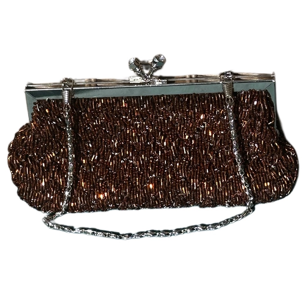 Bronze Brown Beaded Evening Clutch with Silver Chain rhinestones on kiss latch 8